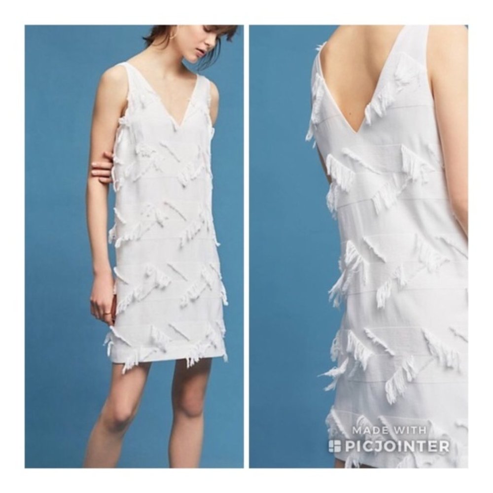 Anthropologie Maeve White Fringe Mini Shift Dress size 10